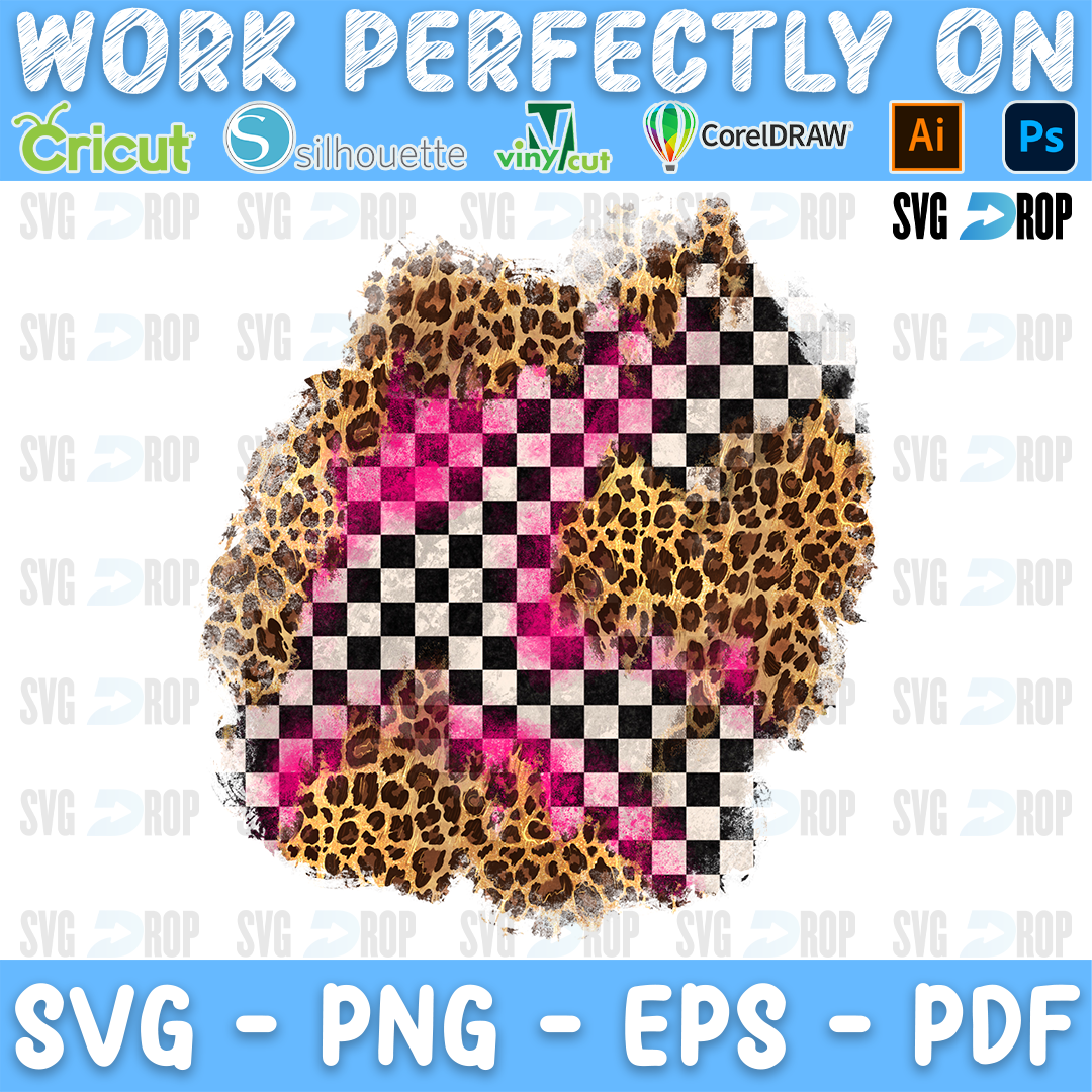 A distressed race patch background: a black and white checkered flag pattern mixed with leopard print and hot pink splashes. Sublimation PNG