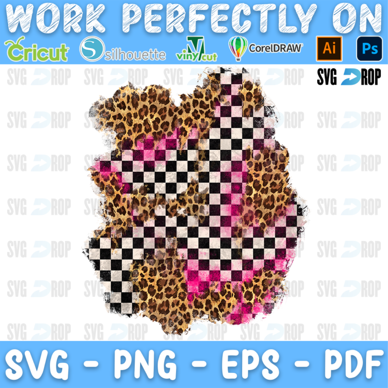 A distressed race patch background in a tall shape: black and white checkered flag squares through the center, leopard print. Sublimation PNG