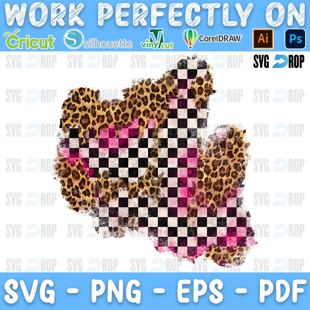 A distressed race patch background: checkered flag squares running to the lower right, leopard print on the upper left and pink. Sublimation PNG