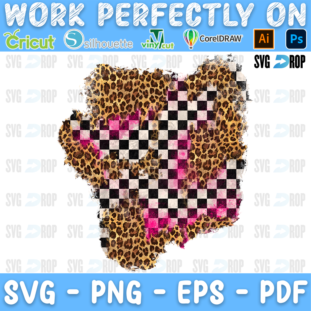 A distressed race patch background: a leaning block of black and white checkered squares with leopard print around it and small hot. Sublimation PNG