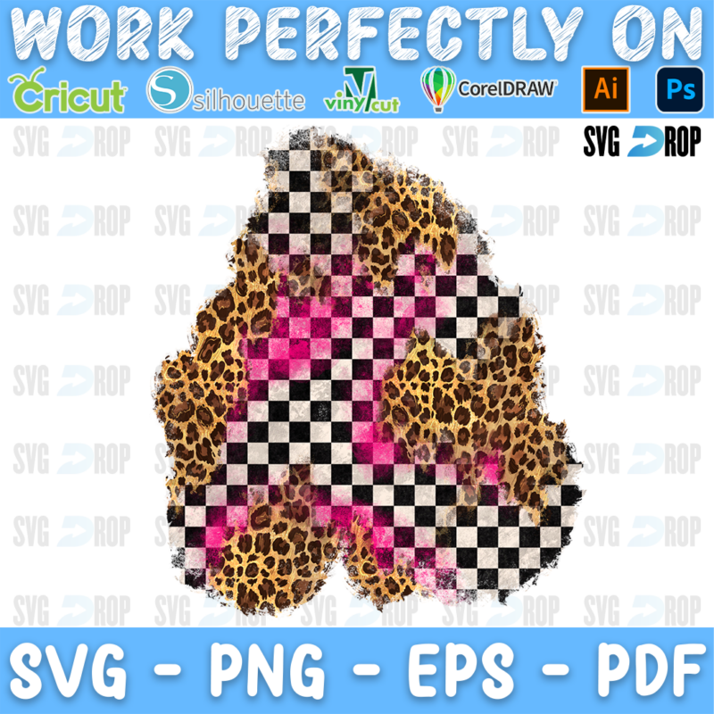 A distressed race patch background in a tall shape: checkered flag squares with a bright hot pink streak on the left and leopard. Sublimation PNG