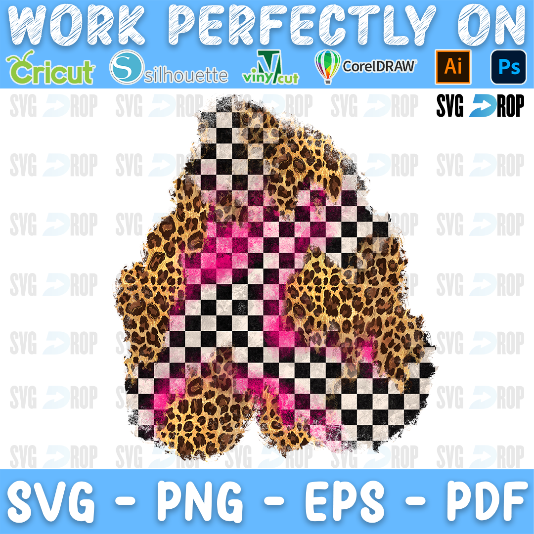 A distressed race patch background in a tall shape: checkered flag squares with a bright hot pink streak on the left and leopard. Sublimation PNG