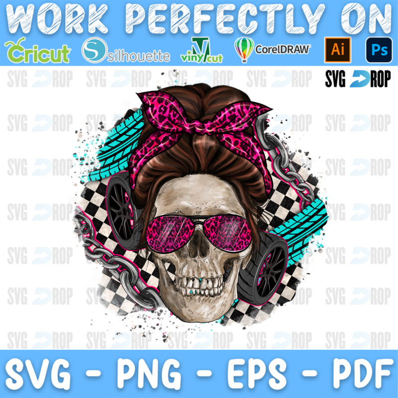 A skull with a messy bun, a pink leopard bandana and pink sunglasses on a checkered, turquoise and tire splash. Sublimation PNG