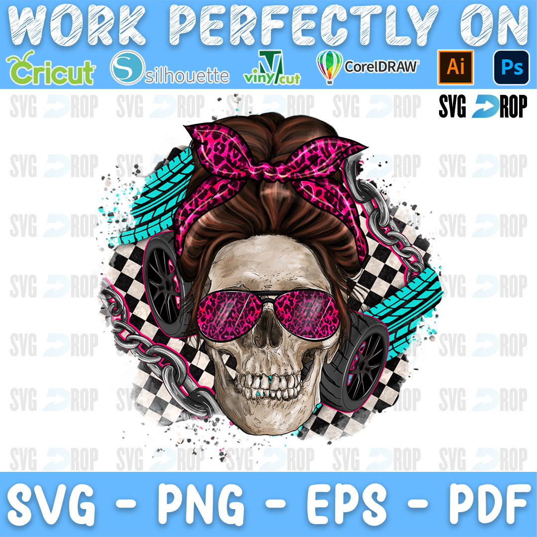A skull with a messy bun, a pink leopard bandana and pink sunglasses on a checkered, turquoise and tire splash. Sublimation PNG