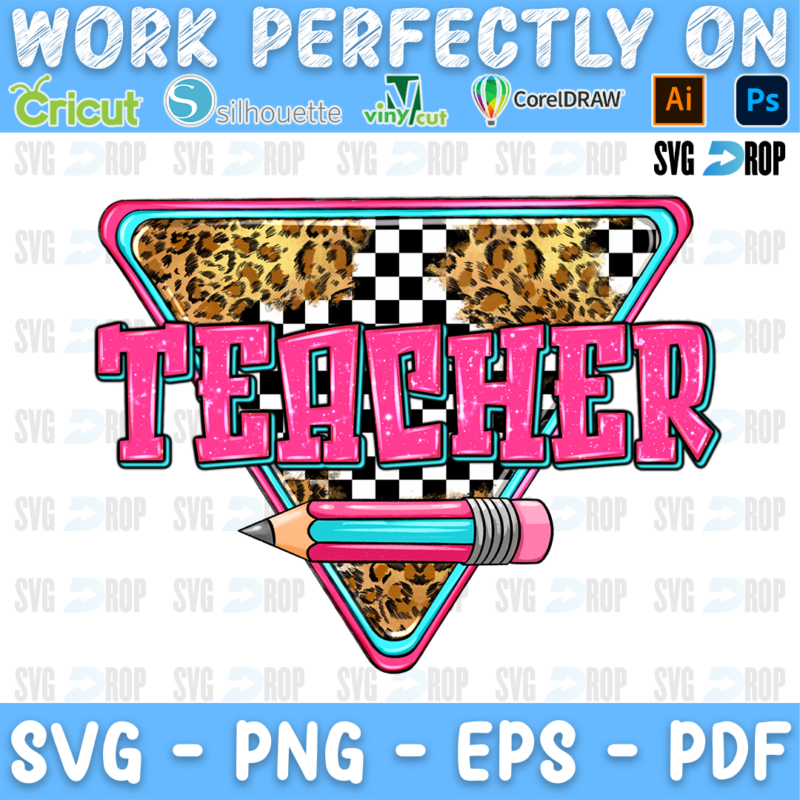 Teacher lettering in pink letters on a leopard and checkered triangle with a pencil. Sublimation PNG