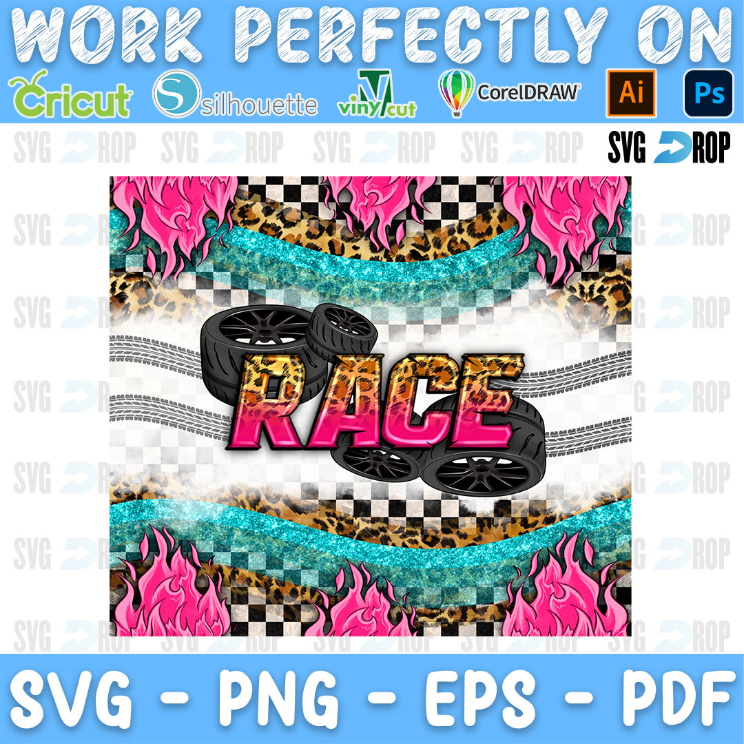 Race lettering in pink and leopard letters with tires on a checkered, turquoise glitter and pink flame background. Sublimation PNG