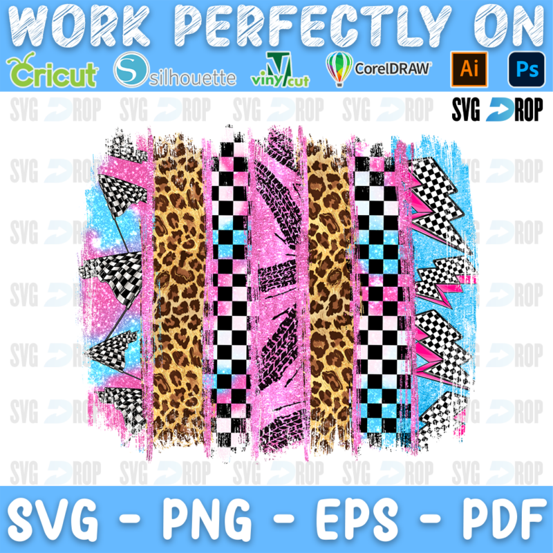 Pink, leopard, checkered and blue brushstroke stripes with checkered flags. Sublimation PNG