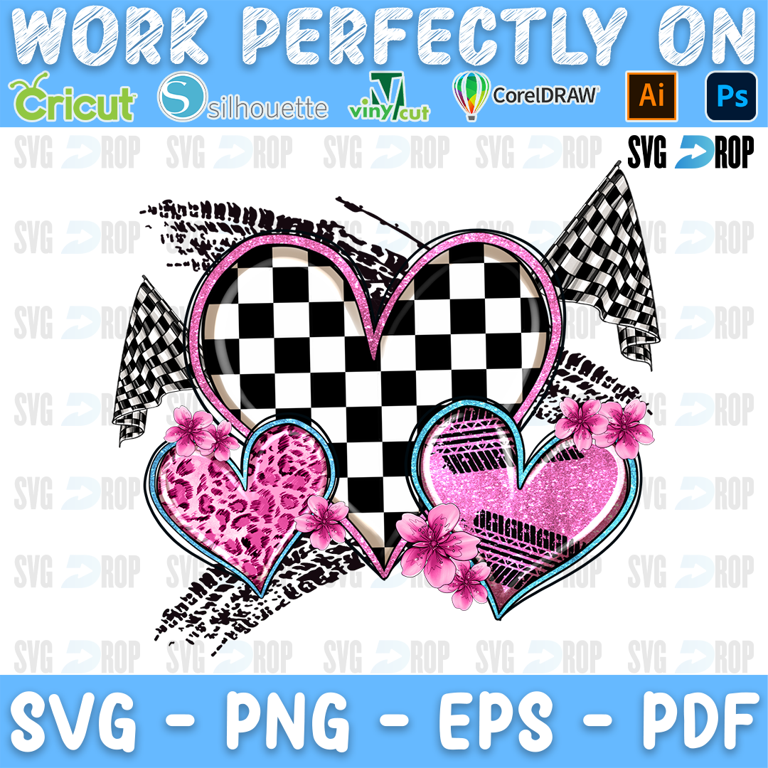 Checkered, pink leopard and pink hearts with checkered flags, tire tracks and pink flowers. Sublimation PNG