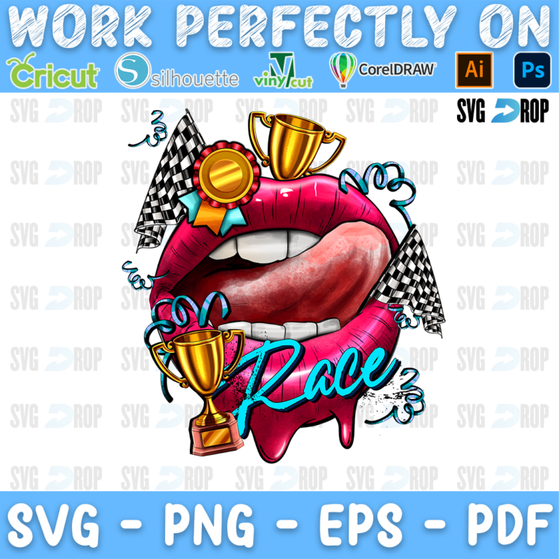 Pink lips with a tongue and a gold tooth, a trophy, a medal and checkered flags above Race script. Sublimation PNG