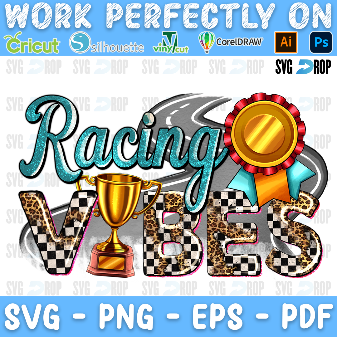 Racing Vibes lettering in turquoise glitter script and leopard, checkered letters with a trophy, a medal and a road. Sublimation PNG