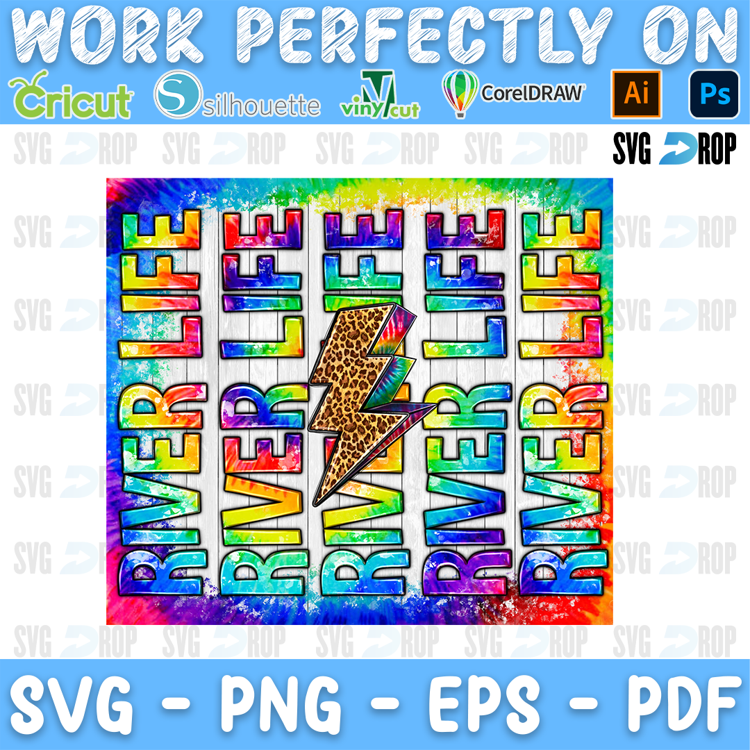 Stacked River Life lettering in rainbow tie dye with a leopard lightning bolt. Sublimation PNG