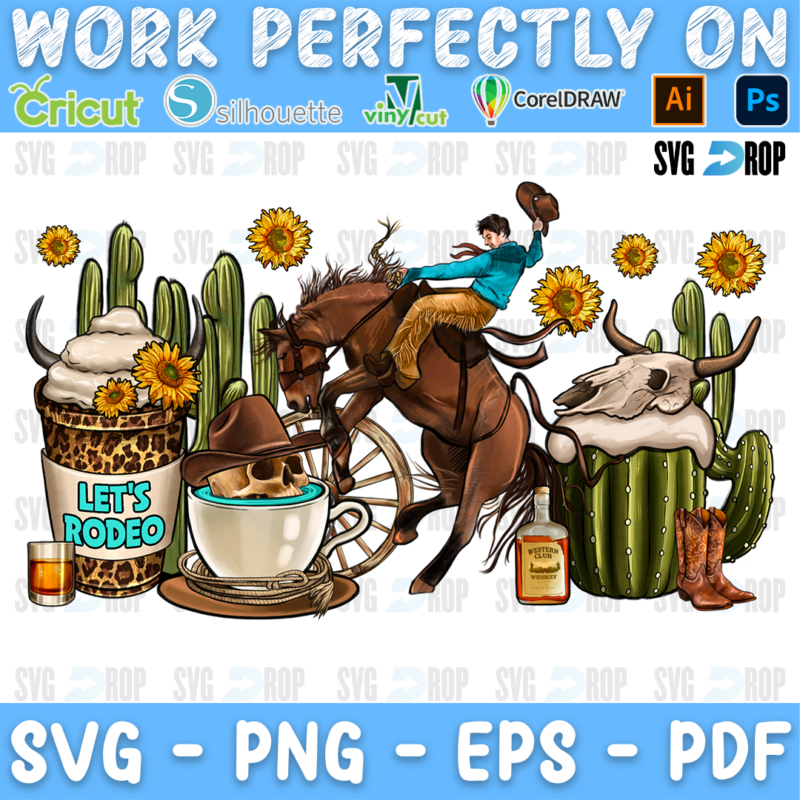 Let's Rodeo coffee cups with a cowboy on a bucking horse, cactus, a bull skull, cowboy boots, whiskey and sunflowers. Sublimation PNG