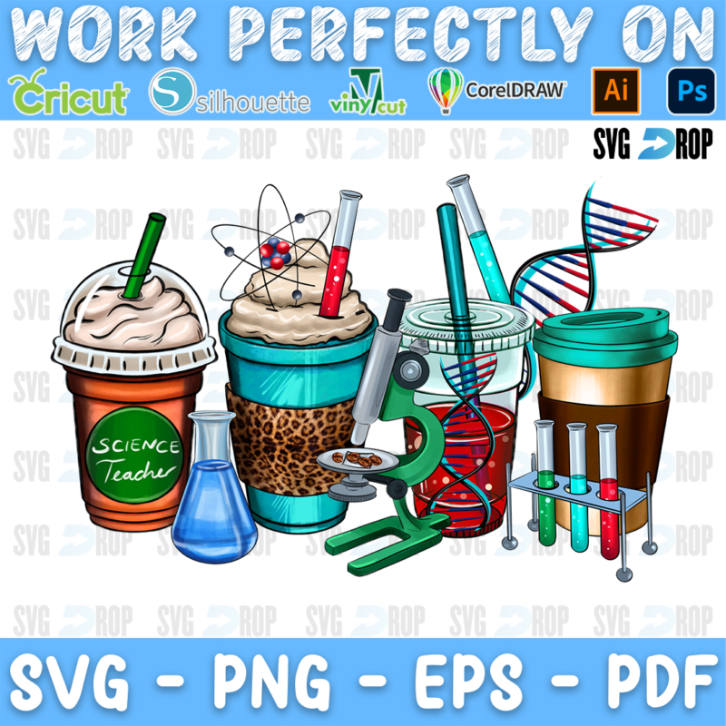 Science Teacher coffee cups with an atom, a DNA strand, test tubes, beakers and a microscope. Sublimation PNG