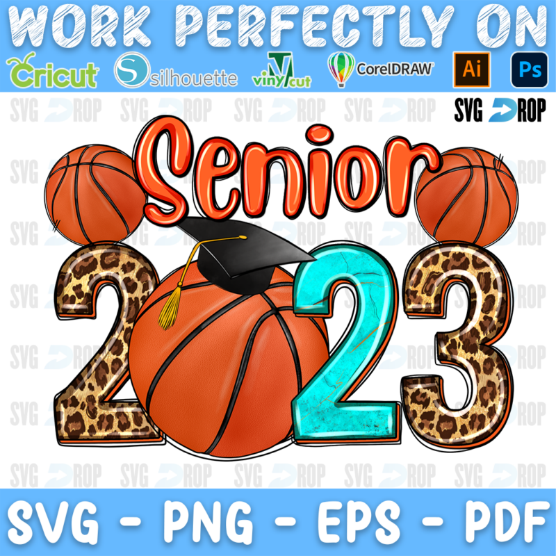 Senior 2023 lettering in orange script and leopard, turquoise numbers with basketballs and a graduation cap. Sublimation PNG