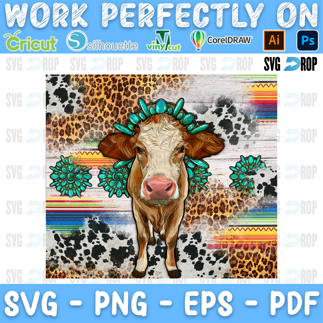A Simmental cow wearing a turquoise squash blossom on cowhide, leopard and serape panels. Sublimation PNG