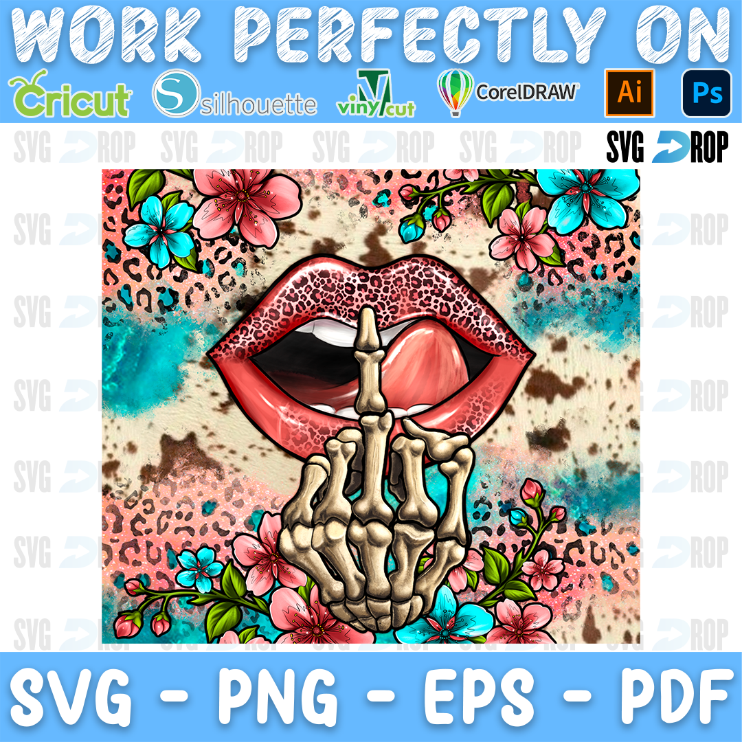 Pink lips biting a tongue with a skeleton hand among pink and turquoise flowers on leopard and cowhide. Sublimation PNG