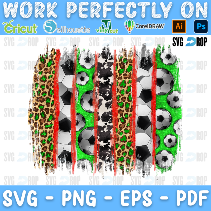 Soccer ball, leopard, cowhide and green brushstroke stripes with red lines. Sublimation PNG