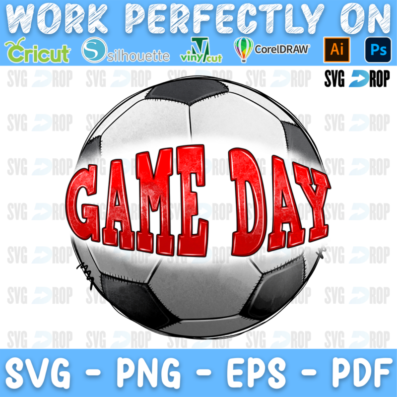 Game Day lettering in red letters across a black and white soccer ball. Sublimation PNG