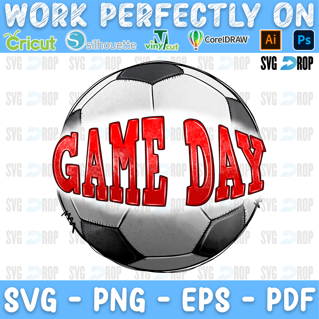 Game Day lettering in red letters across a black and white soccer ball. Sublimation PNG