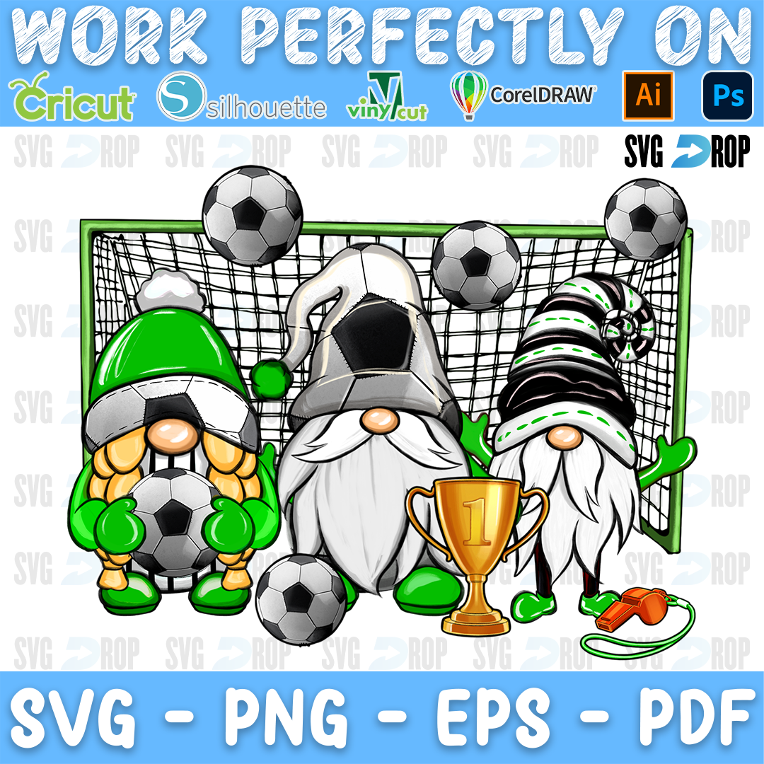Three soccer gnomes in green and white hats in front of a goal with soccer balls, a trophy and a whistle. Sublimation PNG