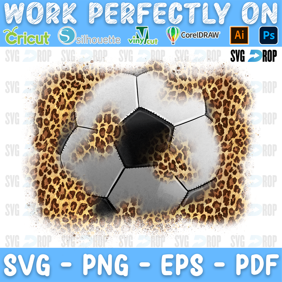 A black and white soccer ball on a leopard print splash. Sublimation PNG