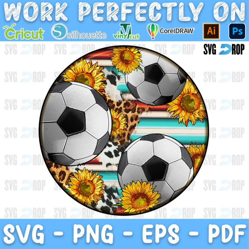 A round western soccer car coaster design: three soccer balls among sunflowers, with leopard print, cowhide and serape stripes. Sublimation PNG