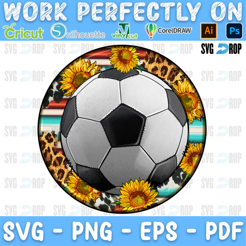 A round western soccer car coaster design: one large soccer ball filling the circle, with sunflowers, leopard print and turquoise. Sublimation PNG