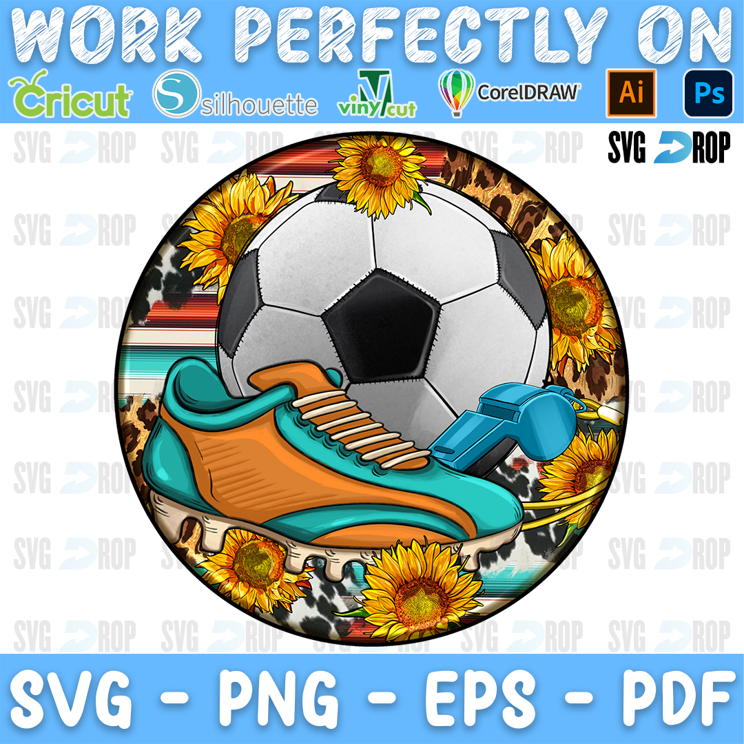 A round western soccer car coaster design: a soccer ball, a turquoise and orange cleat and a blue whistle over sunflowers, cowhide. Sublimation PNG