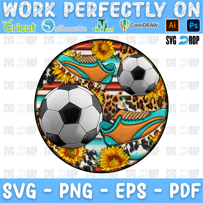 A round western soccer car coaster design: two soccer balls and orange and turquoise cleats over serape stripes, leopard print. Sublimation PNG