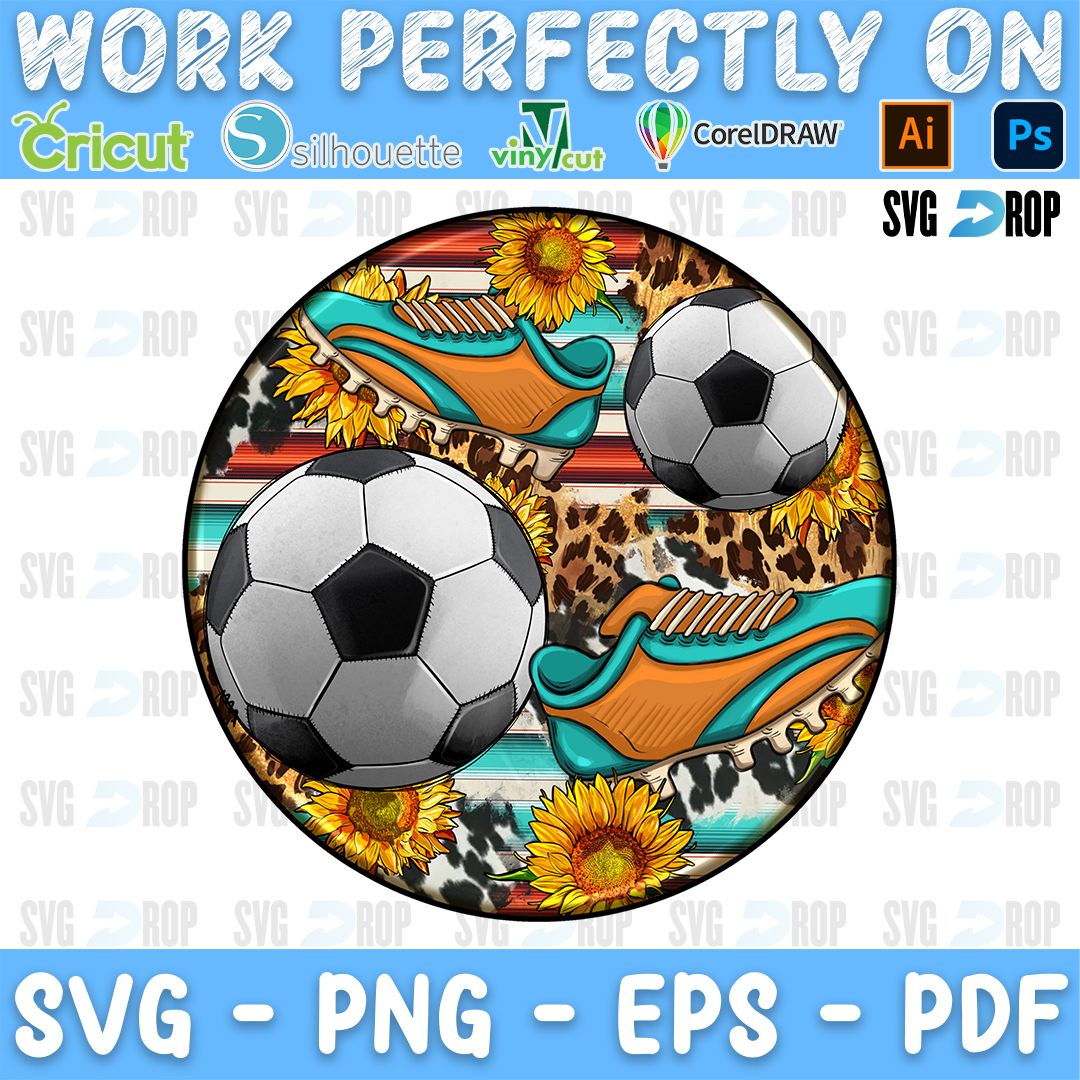 A round western soccer car coaster design: two soccer balls and orange and turquoise cleats over serape stripes, leopard print. Sublimation PNG