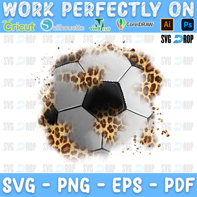 A soccer leopard patch design: a large soccer ball with leopard print patches, a dark center panel and small brown speckles. Sublimation PNG
