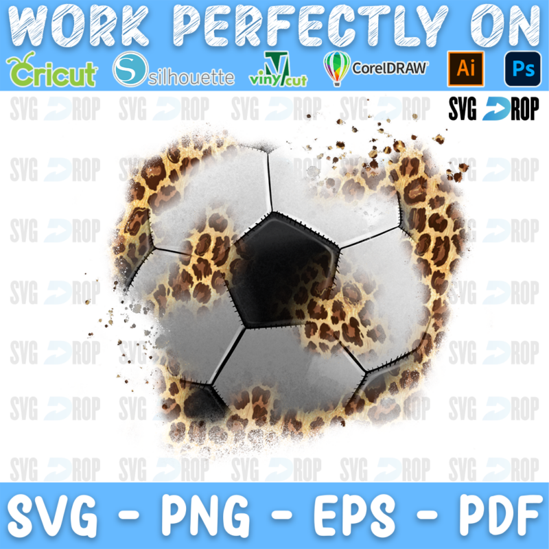 A soccer leopard patch design: a tilted soccer ball with leopard print spots across it and a splattered brown edge around the whole. Sublimation PNG