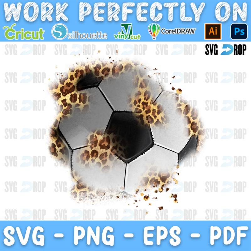 A soccer leopard patch design: a smaller soccer ball with leopard print smudged around its edge and a few loose spots and splatters. Sublimation PNG
