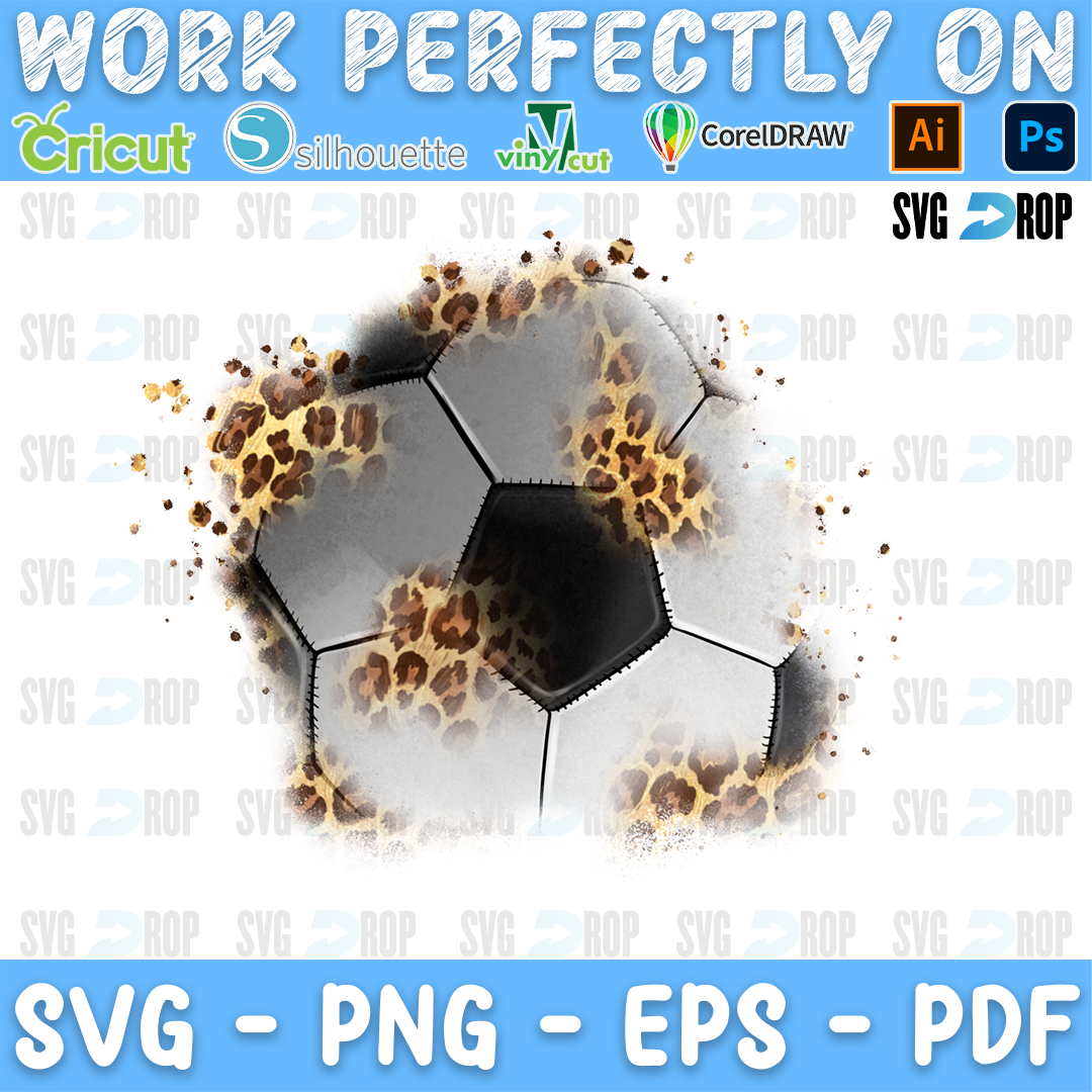 A soccer leopard patch design: a soccer ball in smoky gray tones with leopard print spots and a soft splattered edge around the patch. Sublimation PNG