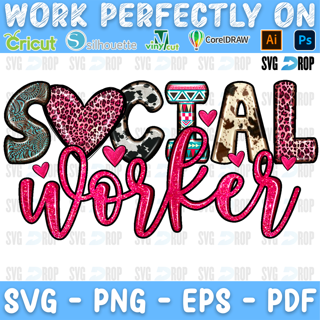 Social Worker lettering in turquoise, pink leopard and cowhide letters with pink glitter script and hearts. Sublimation PNG