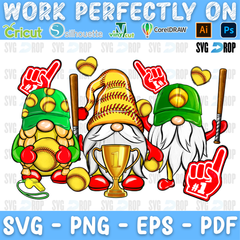 Three softball gnomes in yellow, green and red with softballs, bats, foam fingers and a trophy. Sublimation PNG