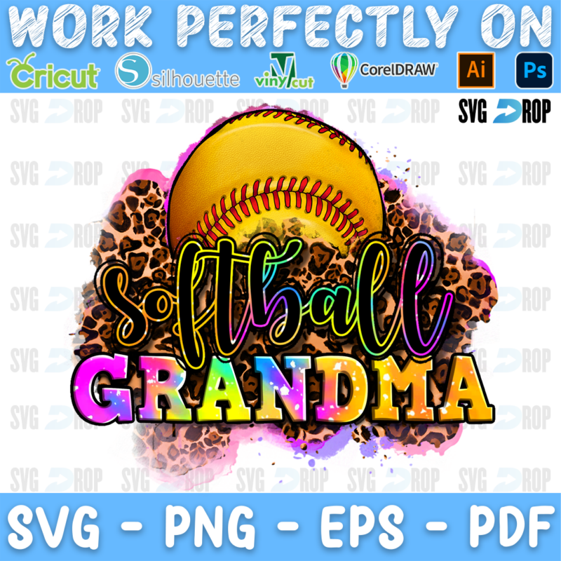 Softball Grandma lettering in black script and rainbow tie dye letters with a softball on a leopard splash. Sublimation PNG