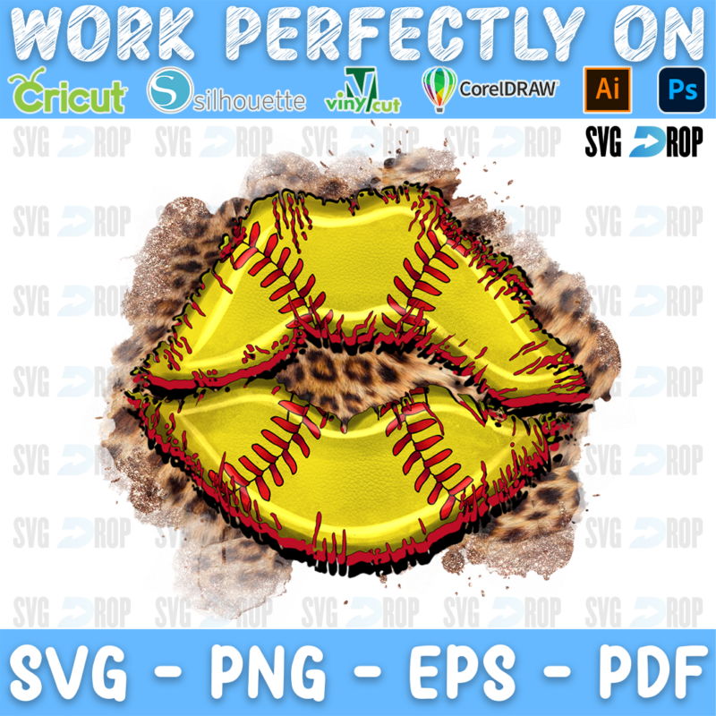 A pair of lips made of yellow softball leather with red stitching and leopard print. Sublimation PNG