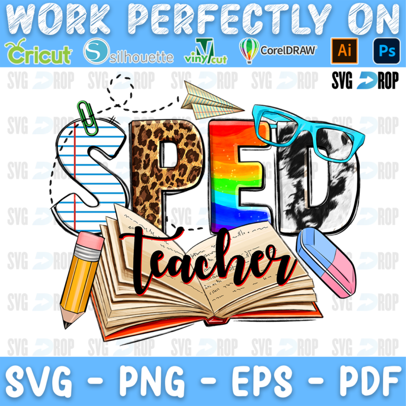 SPED Teacher lettering in notebook paper, leopard, rainbow and cowhide letters with black script, an open book, a pencil and glasses. Sublimation PNG