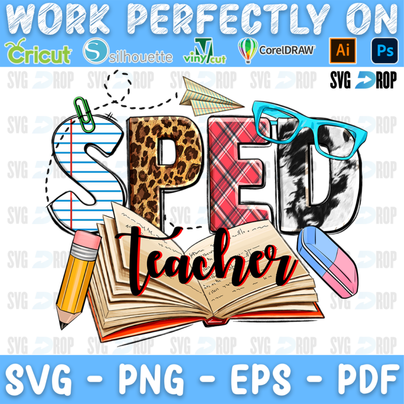 SPED Teacher lettering in notebook paper, leopard, red plaid and cowhide letters with black script, an open book, a pencil. Sublimation PNG