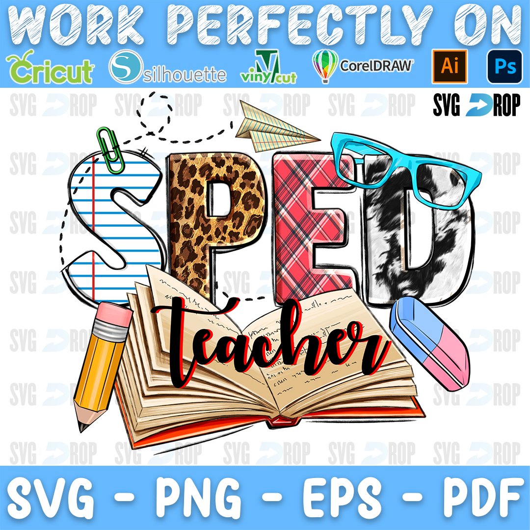 SPED Teacher lettering in notebook paper, leopard, red plaid and cowhide letters with black script, an open book, a pencil. Sublimation PNG