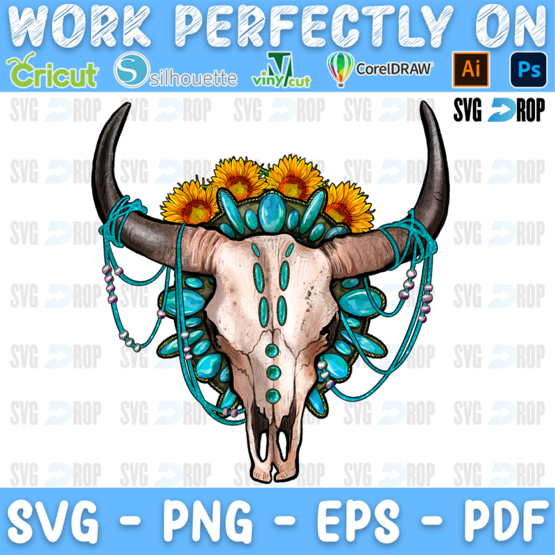 A bull skull with turquoise gemstones, beads and sunflowers. Sublimation PNG