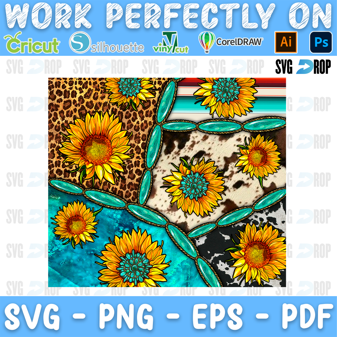 Sunflowers and turquoise gemstones on leopard print, cowhide, serape and turquoise panels. Sublimation PNG