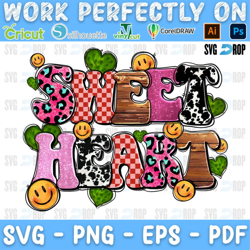 Sweetheart lettering in pink leopard, checkered, cowhide and glitter letters with smiley faces and green hearts. Sublimation PNG