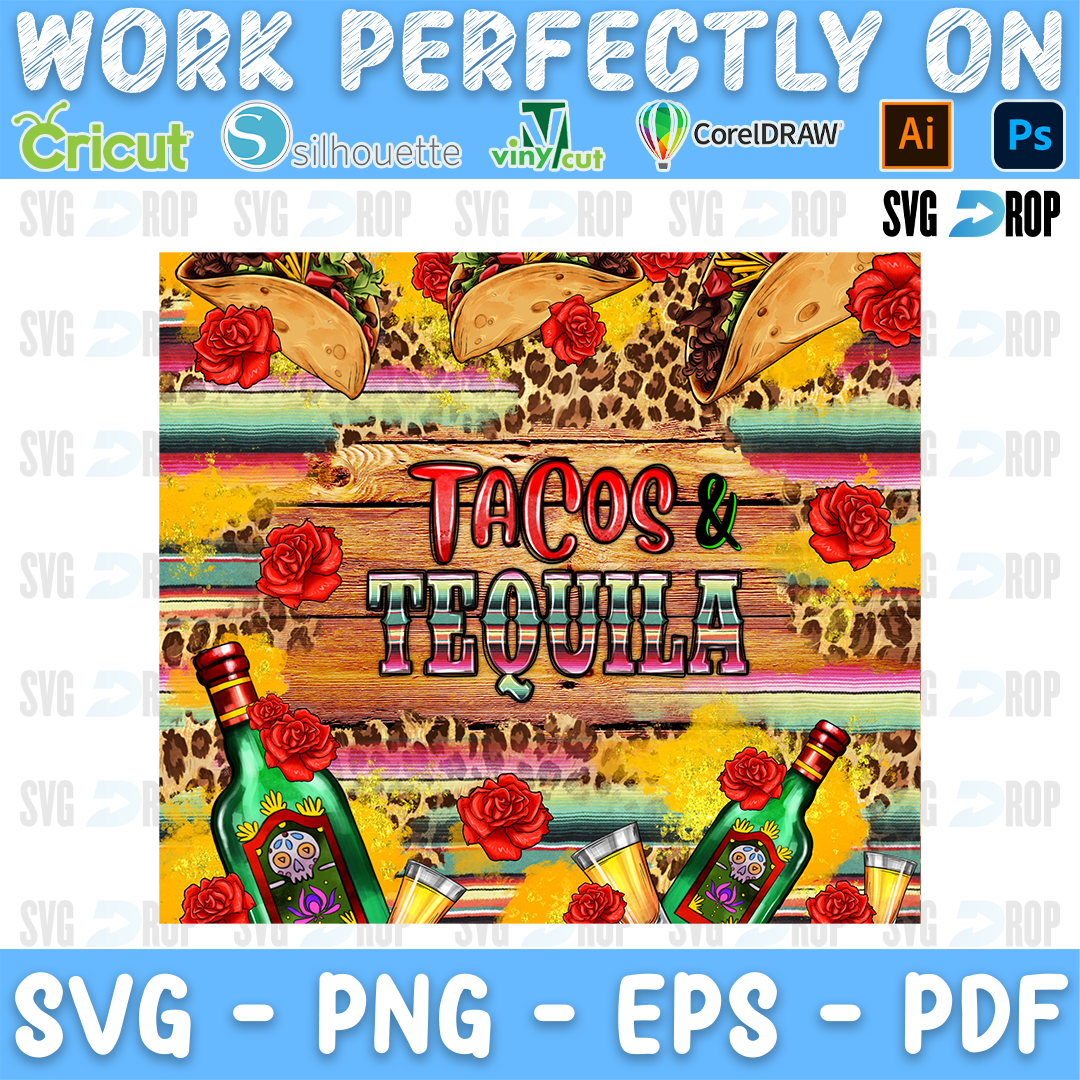 Tacos and Tequila lettering on wood with tacos, tequila bottles, red roses, leopard print and serape. Sublimation PNG