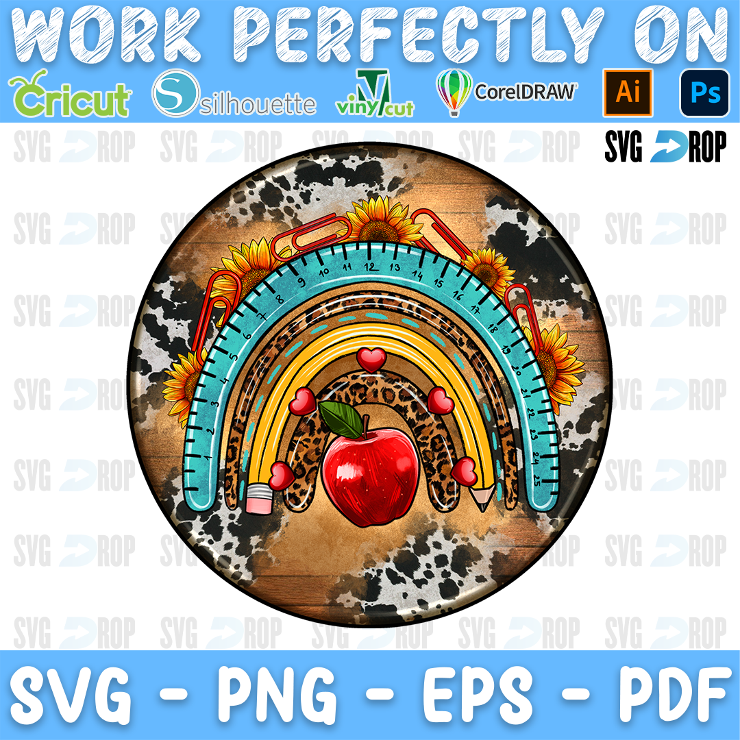 A round teacher car coaster design: a turquoise, yellow and leopard rainbow with a ruler and a red apple, set on cowhide and wood. Sublimation PNG