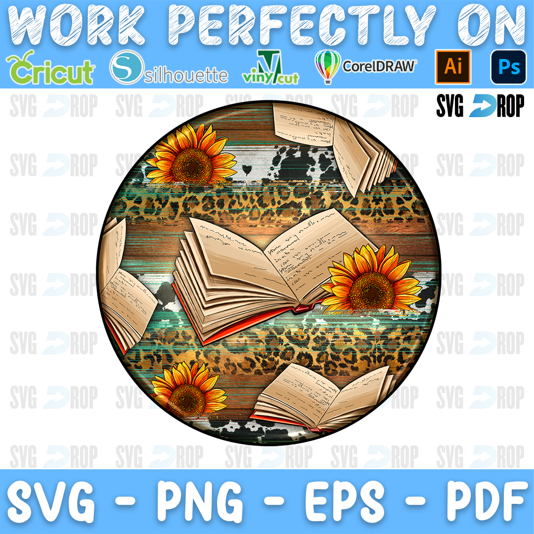 A round teacher car coaster design: open books with flying pages and sunflowers over turquoise serape stripes, cowhide and wood. Sublimation PNG