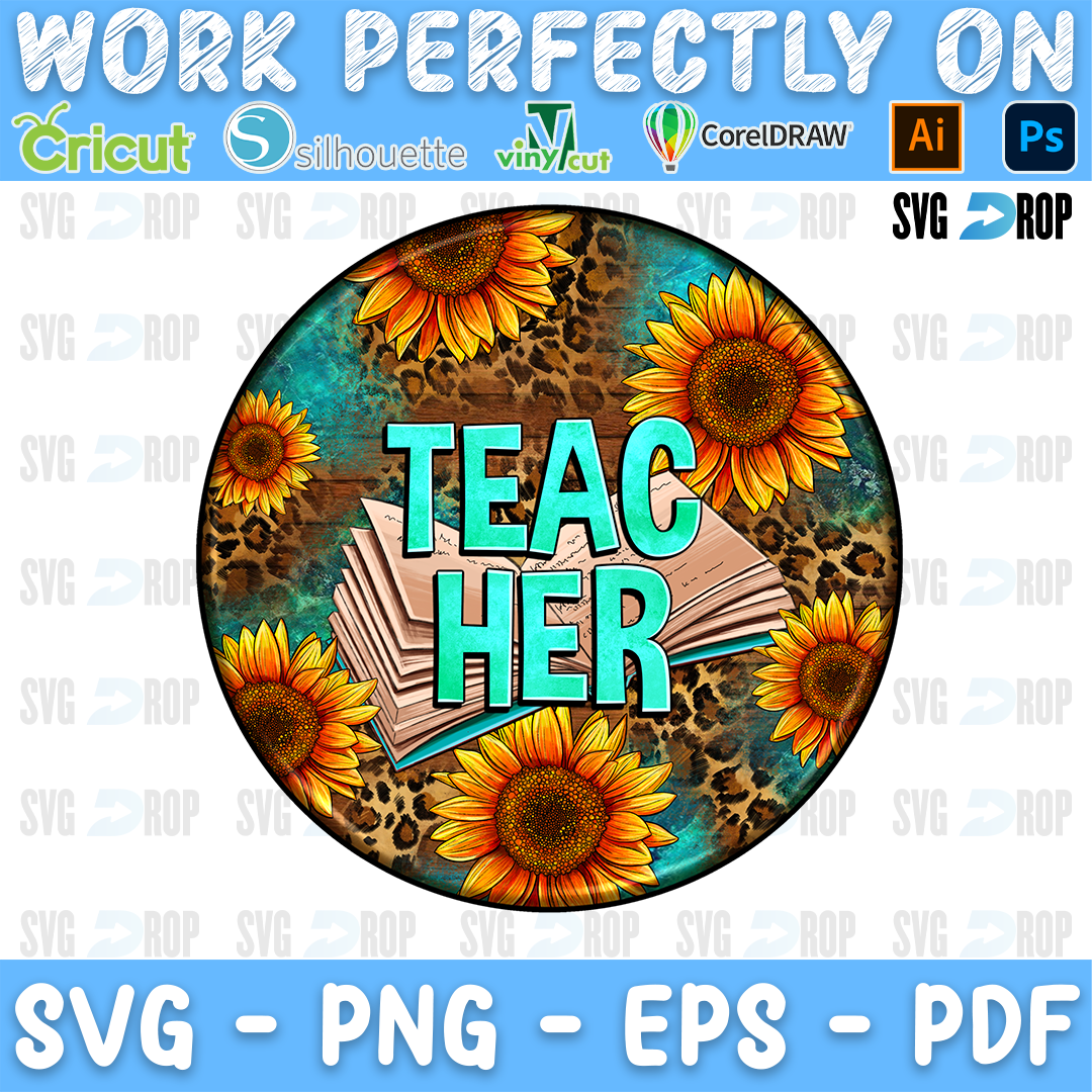 A round teacher car coaster design: turquoise TEAC HER lettering over an open book, with sunflowers, leopard print and a turquoise. Sublimation PNG