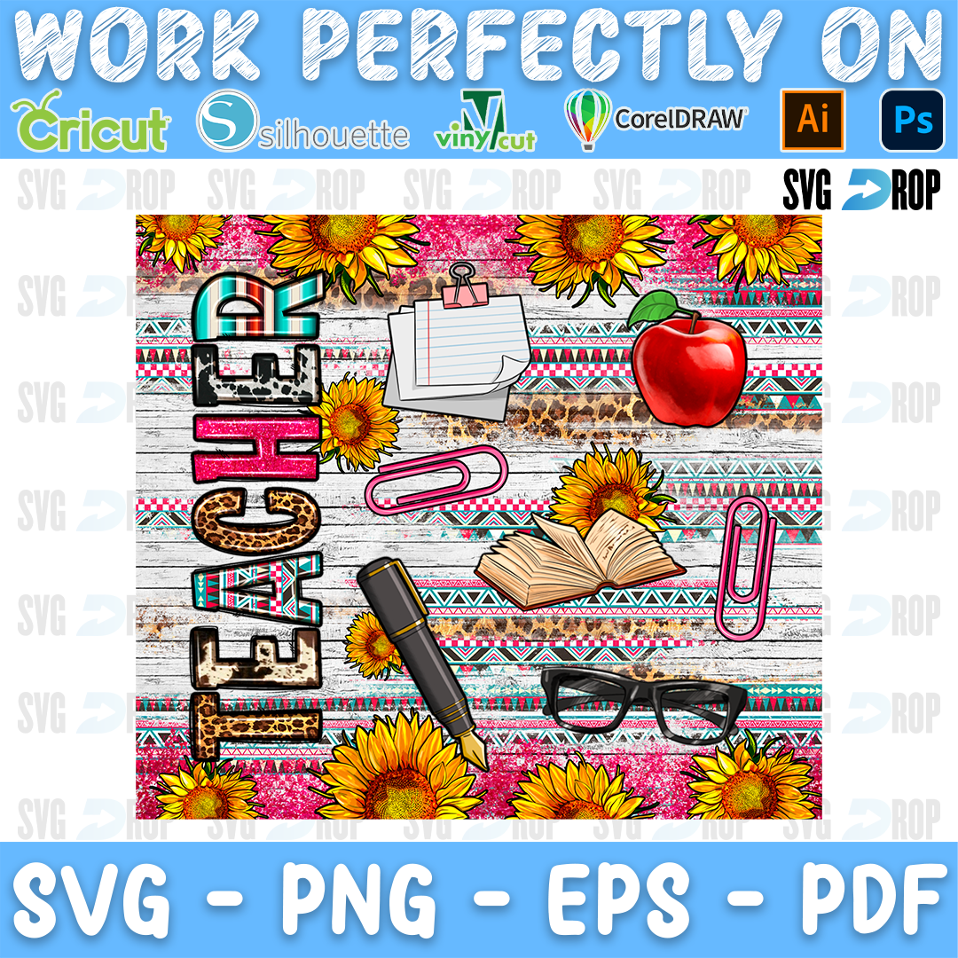 Teacher Sunflower Pink Aztec Panel PNG
