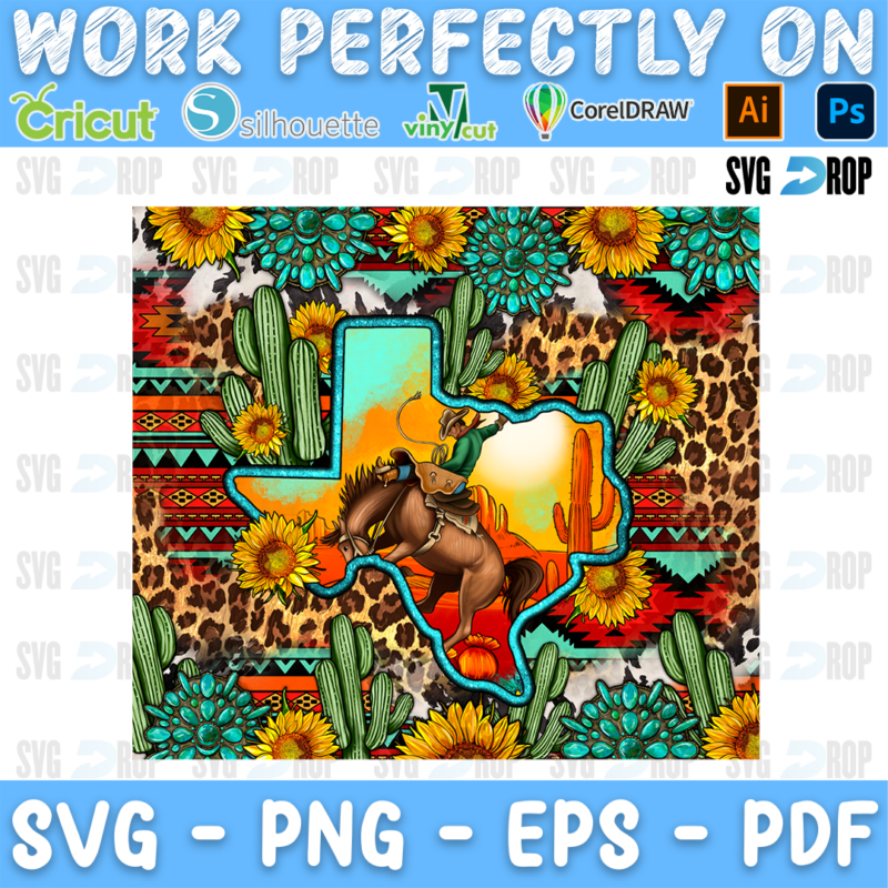 A western sublimation panel: a turquoise Texas map framing a bronco rider in the desert, over a background of sunflowers, cactus. Sublimation PNG